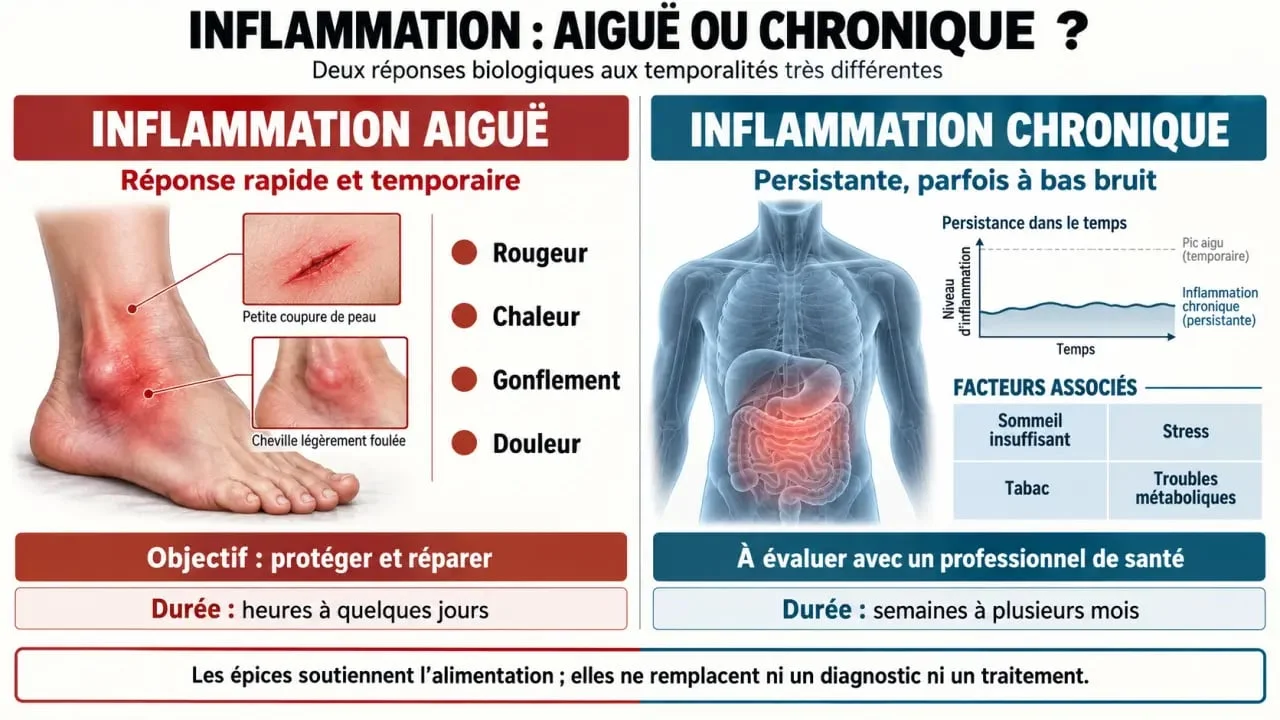 Infographie distinguant inflammation aiguë et chronique et rôle d'une épice anti-inflammatoire