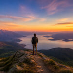 Contemplation au sommet au levercoucher du soleil