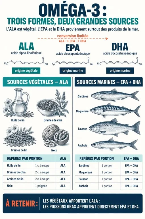 Infographie des aliments riches en oméga-3 et différence entre ALA, EPA et DHA