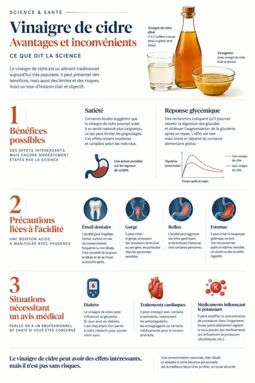 Avantages et inconvénients du vinaigre de cidre : bénéfices possibles, acidité et précautions de santé