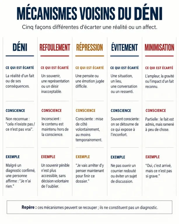 Infographie sur le déni et ses conséquences comparant le déni, le refoulement, la répression, l'évitement et la minimisation