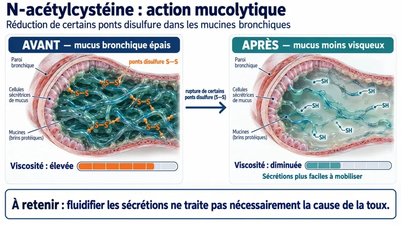 Schéma des bienfaits mucolytiques de la NAC sur les sécrétions bronchiques