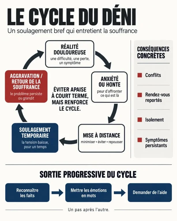 Schéma du cycle du déni et de ses conséquences sur la souffrance, les relations et la demande d'aide