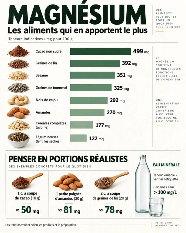 Infographie des aliments riches en magnésium et de leurs teneurs
