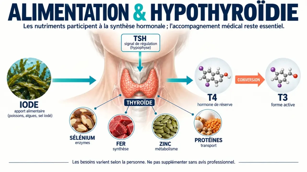 Infographie sur l’alimentation et l’hypothyroïdie : rôle de l’iode, de la T4, de la T3 et du sélénium