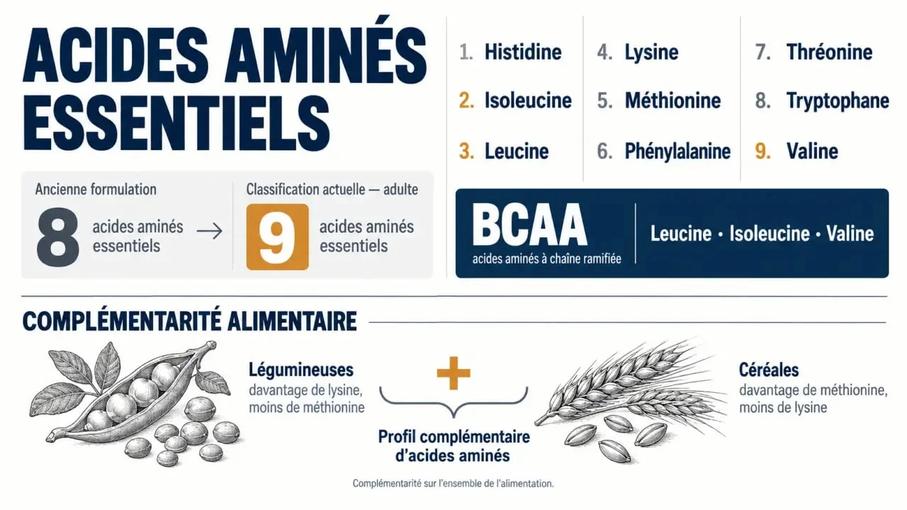 Infographie sur les 8 acides aminés essentiels et la classification actuelle à 9 acides aminés