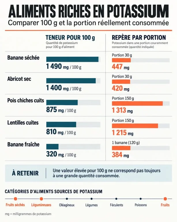 Infographie des 60 aliments riches en potassium classés par teneur et catégorie