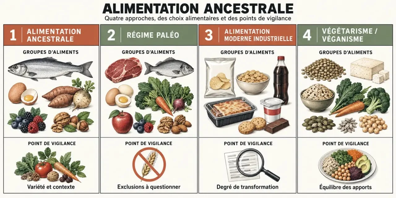 Infographie comparative sur l’alimentation ancestrale, le régime paléo et l’alimentation moderne