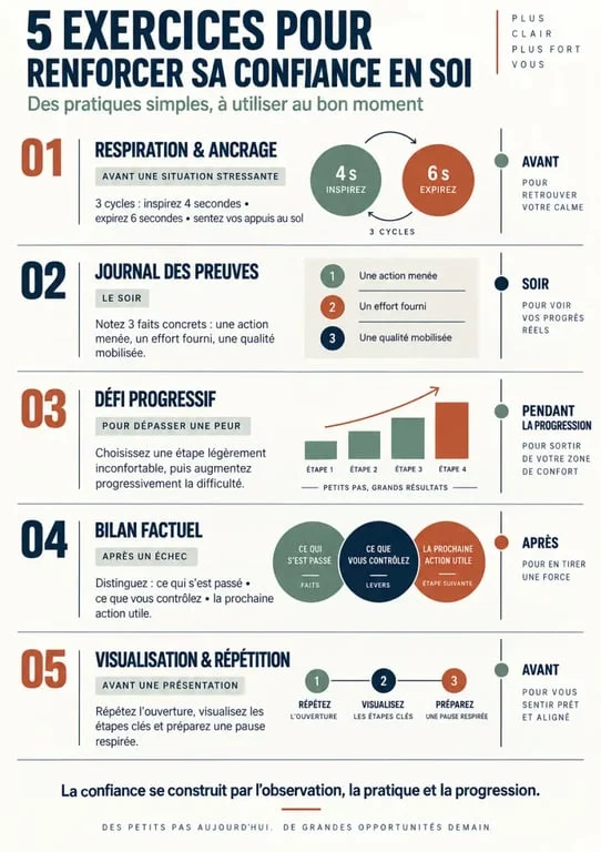 Infographie des exercices de confiance en soi selon les situations