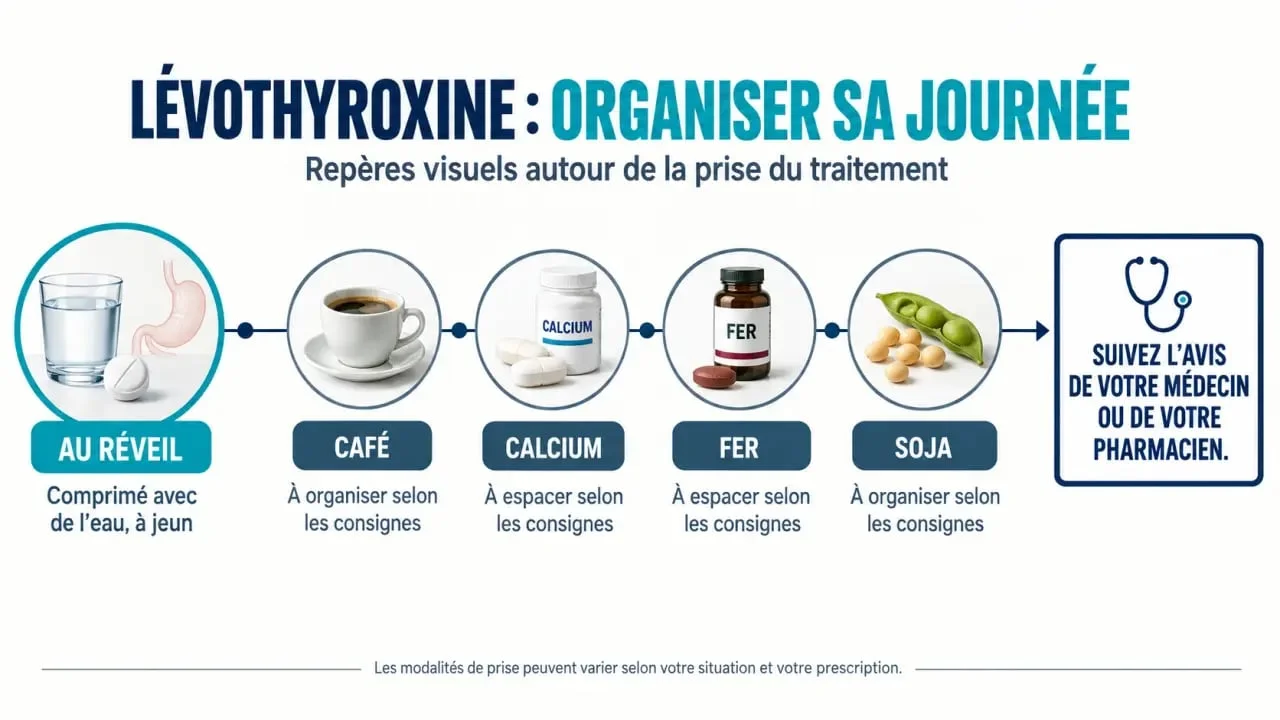 Schéma des précautions entre alimentation et lévothyroxine en cas d’alimentation et hypothyroïdie