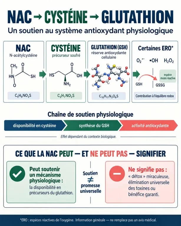 Infographie sur les bienfaits de la NAC et son rôle dans la production de glutathion