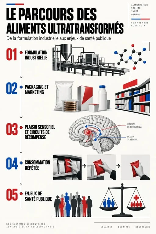 Infographie sur Tous accros : le piège des aliments ultratransformés et le parcours de la formulation industrielle aux enjeux de santé
